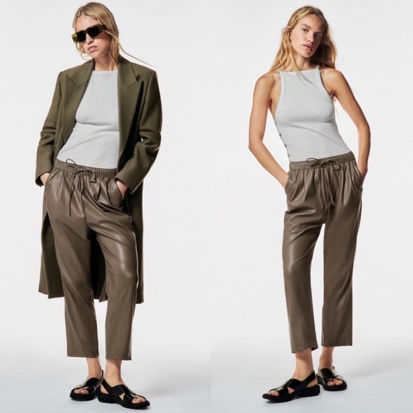 Zara Brown Faux Vegan Leather The Weekend Trouser Pants Size Medium - Picture 1 of 16